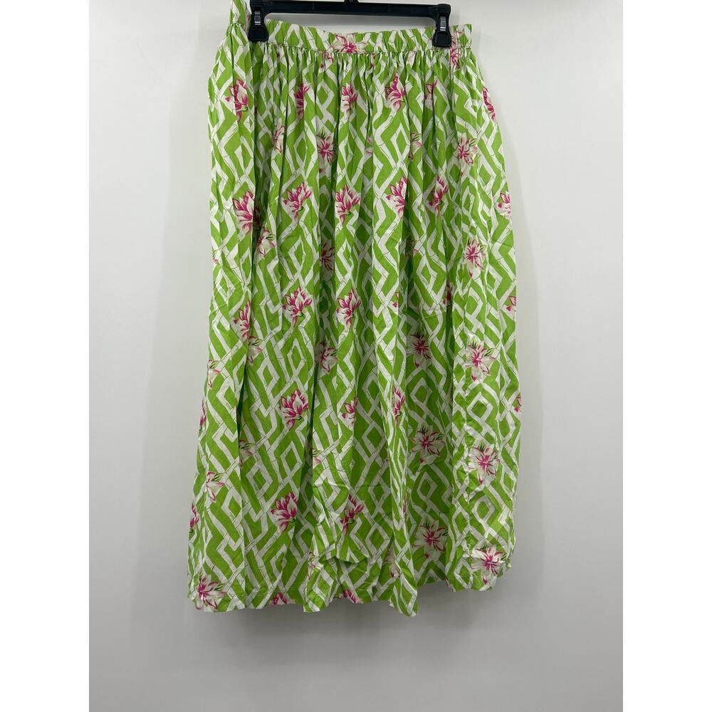 Charter Club Green Floral Midi Skirt M 100% Cotton Elastic Waist Cottagecore